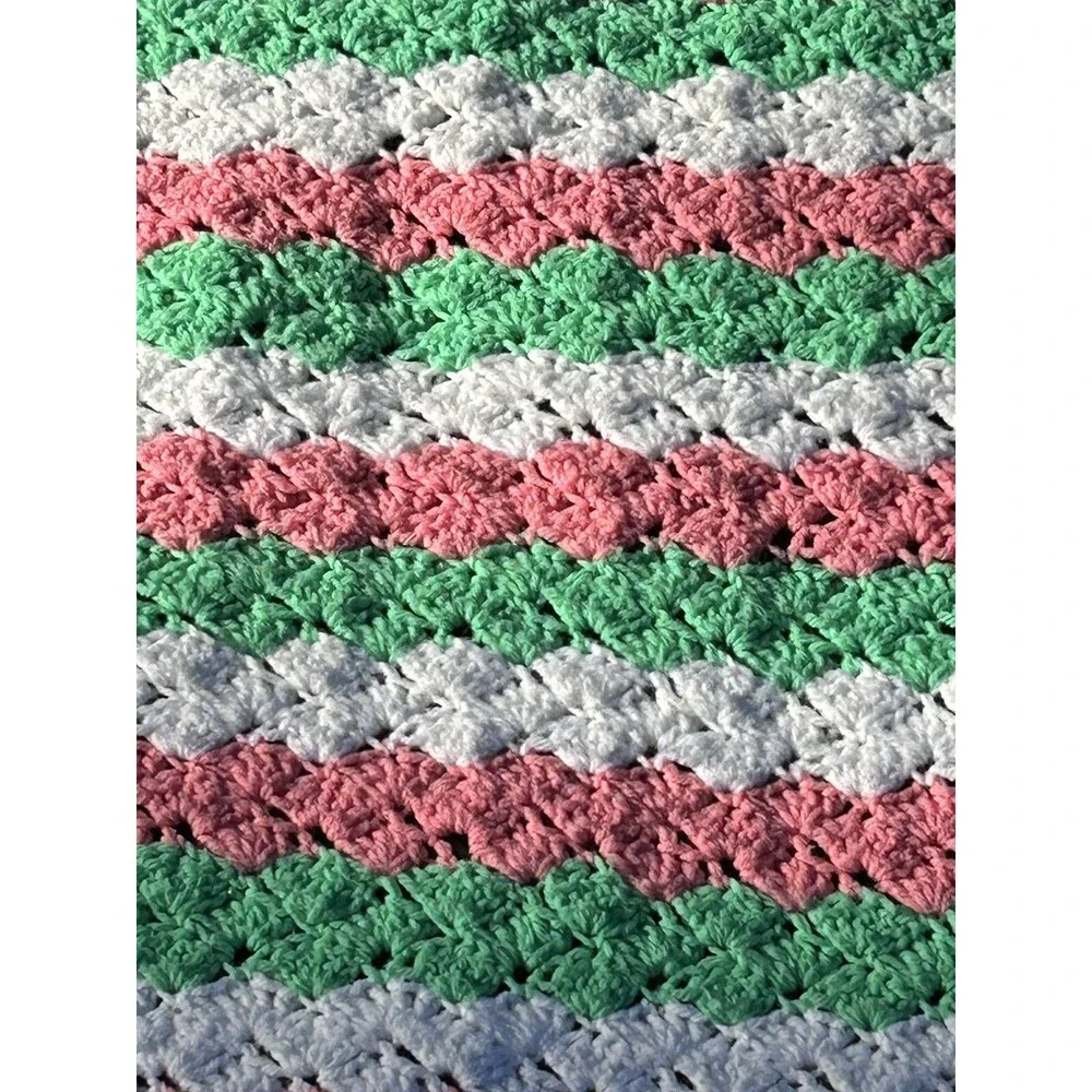 Crochet Afghan Blanket Throw Pink Green White Cottagecore 76” x 50” Inches